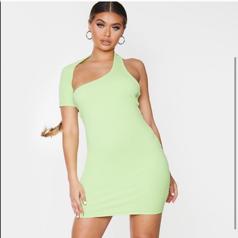 Lime Ribbed One Shoulder Bodycon Dress